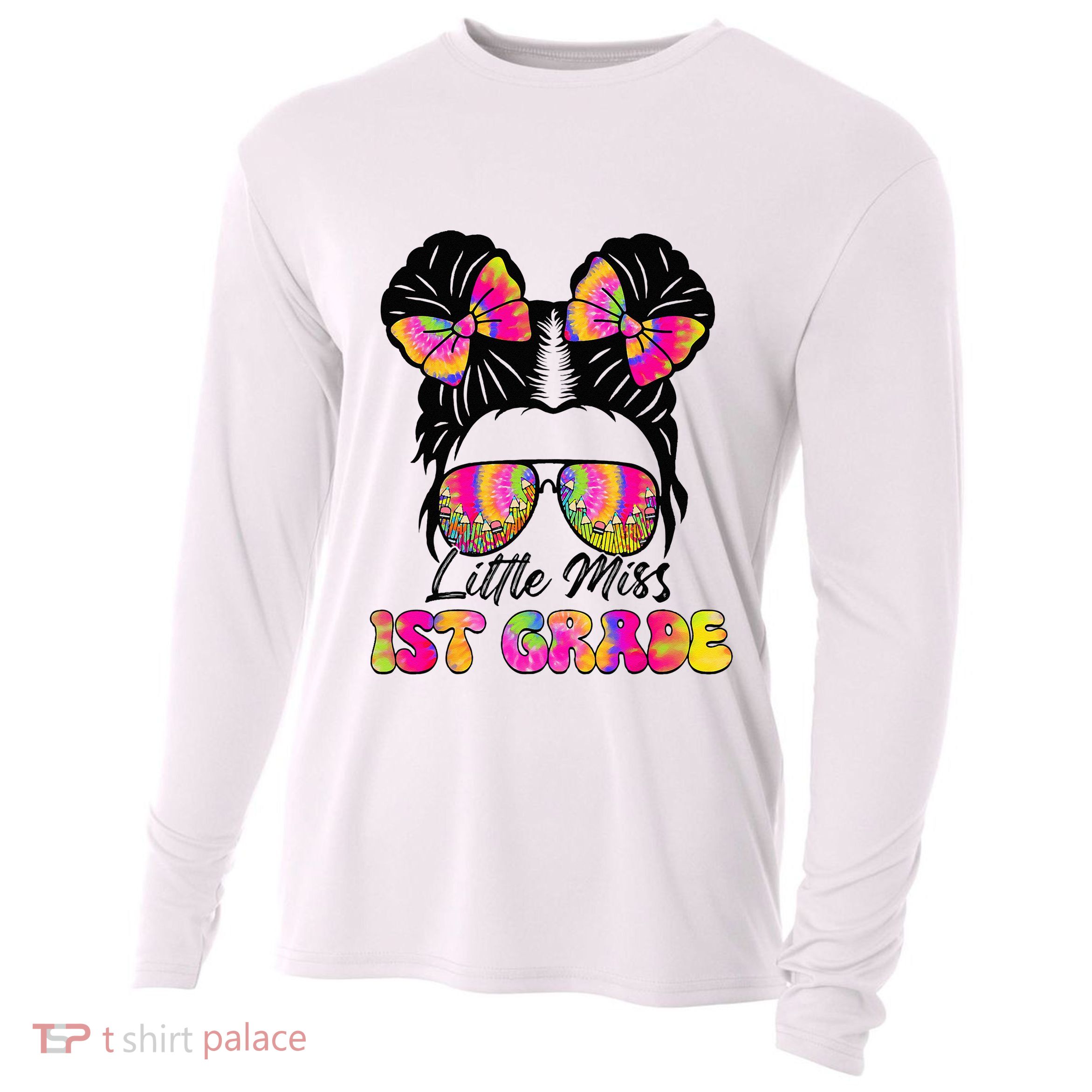 Little Miss First 1st Grade Messy Bun Back To School Cooling Performance Long Sleeve Crew