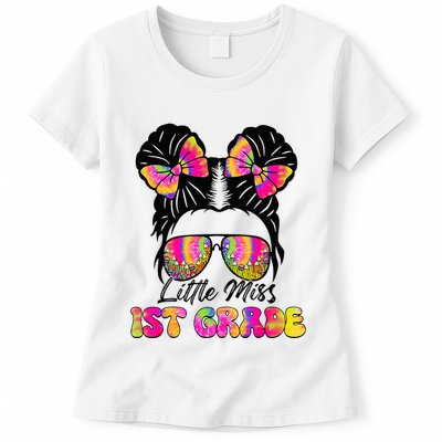 Little Miss First 1st Grade Messy Bun Back To School Womens T-Shirt