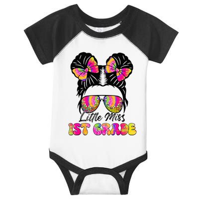 Little Miss First 1st Grade Messy Bun Back To School Infant Baby Jersey Bodysuit