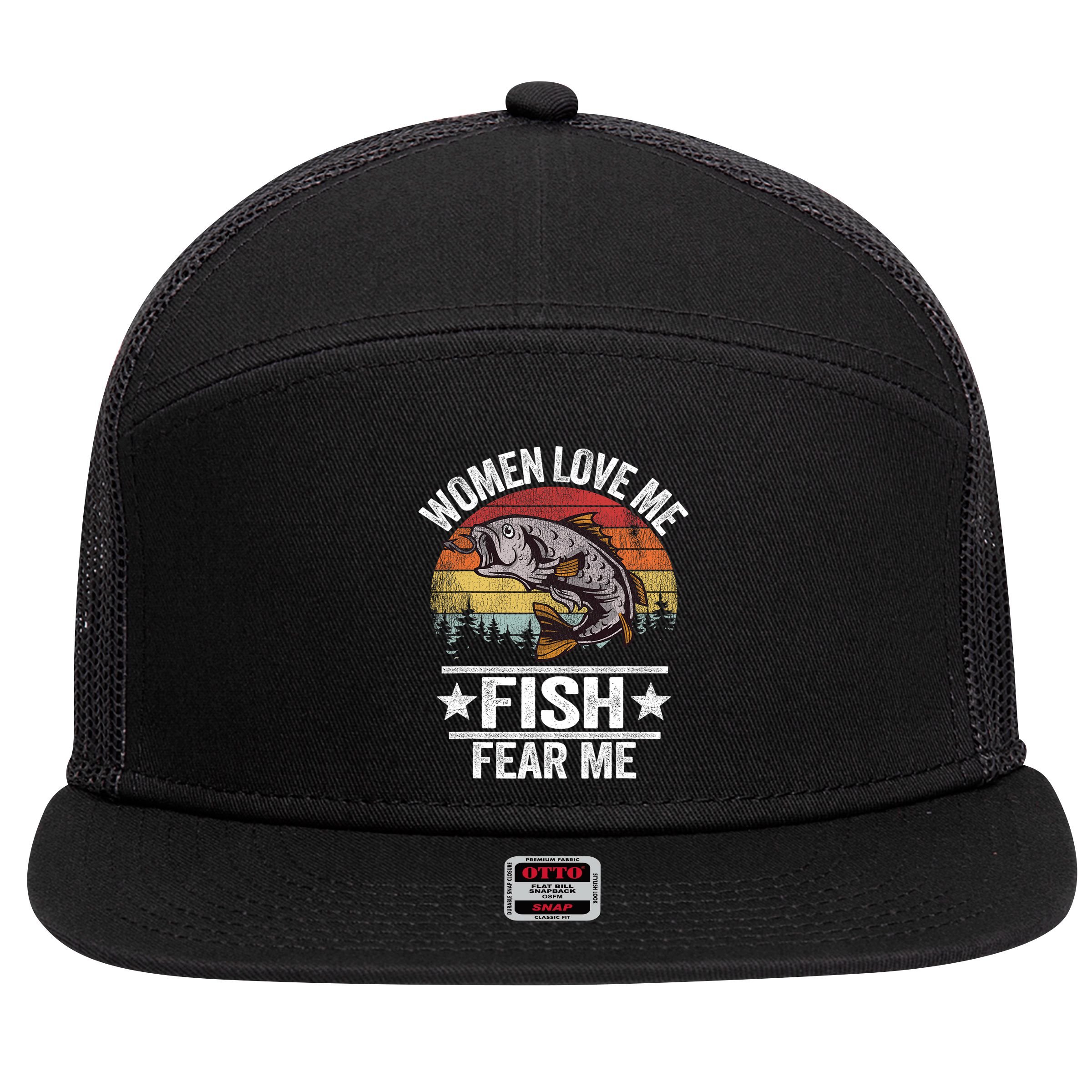Love Me Fish Fear Me Fisher Vintage 7 Panel Mesh Trucker Snapback Hat