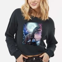Lightning Moon Galaxy Trex Dinosaur Cropped Pullover Crew
