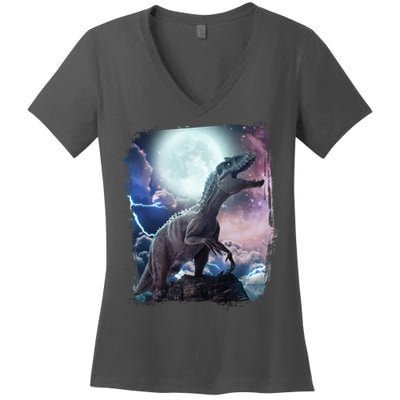 Lightning Moon Galaxy Trex Dinosaur Women's V-Neck T-Shirt