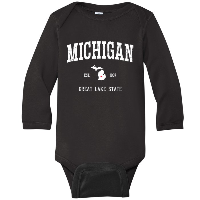 Love Michigan Great Lake State MI Est 1837 Home Baby Long Sleeve Bodysuit