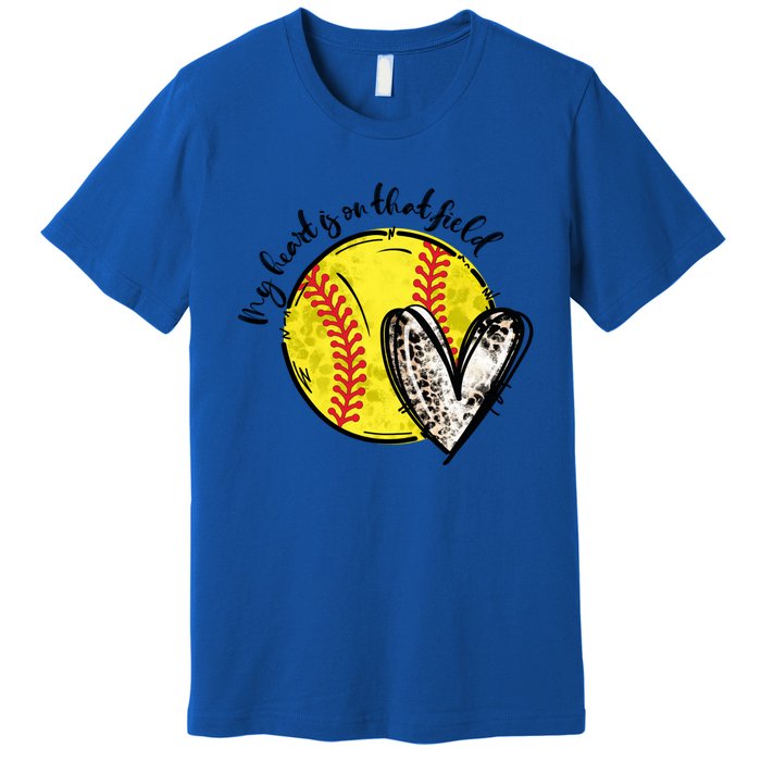 Leopard My Heart Is On That Field Softball Game Day Vibes Gift Premium T-Shirt