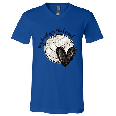 Leopard My Heart Is On That Field Volleyball Heart Game Day Gift V-Neck T-Shirt