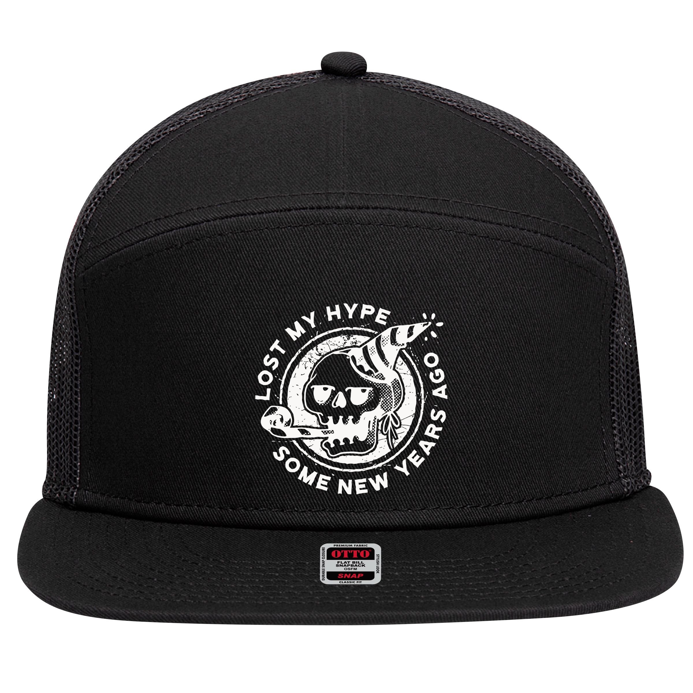 Lost My Hype Some New Years Ago Funny Skeleton NYE 7 Panel Mesh Trucker Snapback Hat