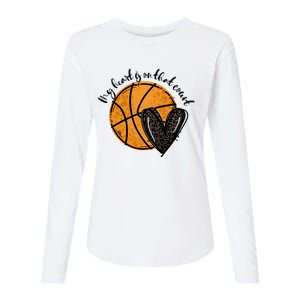 Leopard My Heart Is On That Court Basketball Heart Game Day Gift Womens Cotton Relaxed Long Sleeve T-Shirt