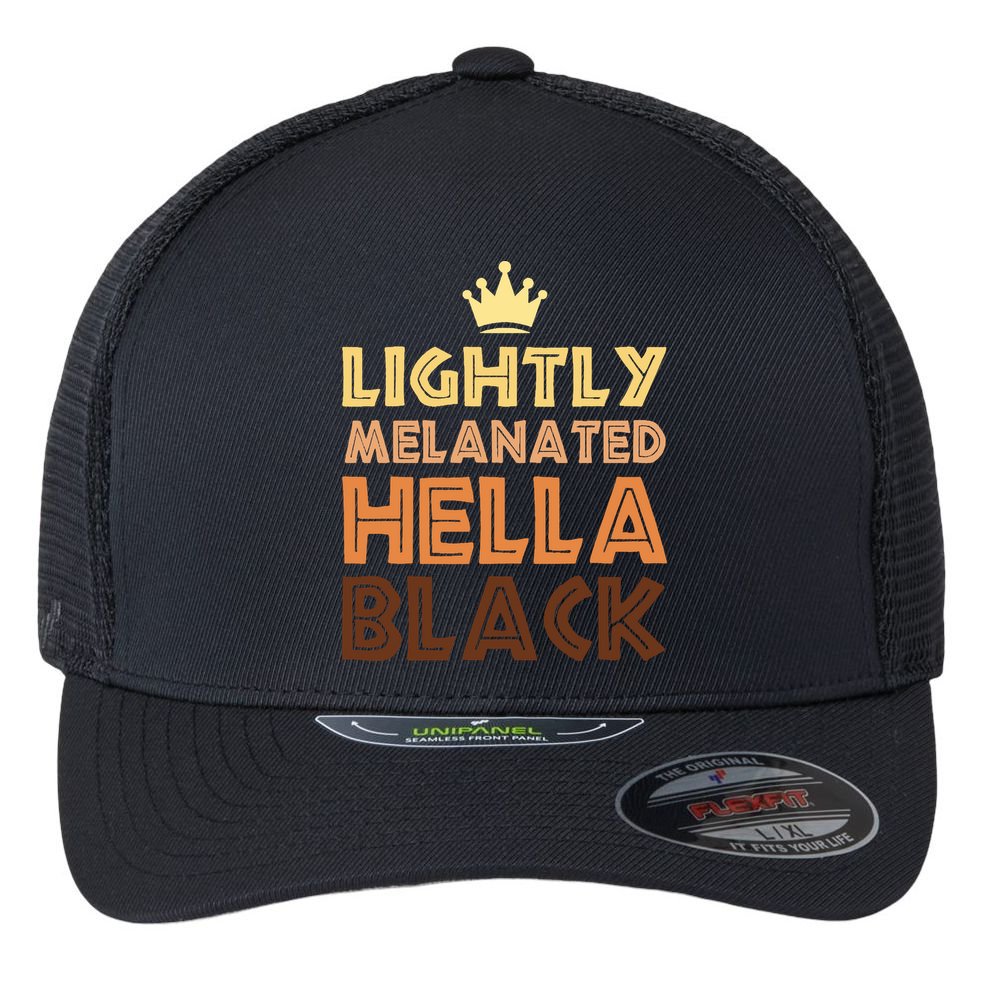 Lightly Melanated Hella Black Afro Queen African American Flexfit Unipanel Trucker Cap