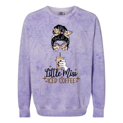 Little Miss Iced Coffee Messy Bun Cold Brew Coffee Quote Gift Colorblast Crewneck Sweatshirt