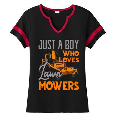 Lawn Mowing Just A Boy Who Loves Mowers Gardener Ladies Halftime Notch Neck Tee