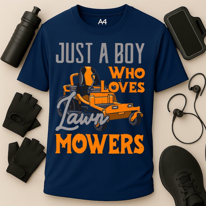 Lawn Mowing Just A Boy Who Loves Mowers Gardener Cooling Performance Crew T-Shirt