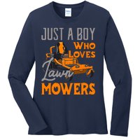 Lawn Mowing Just A Boy Who Loves Mowers Gardener Ladies Long Sleeve Shirt