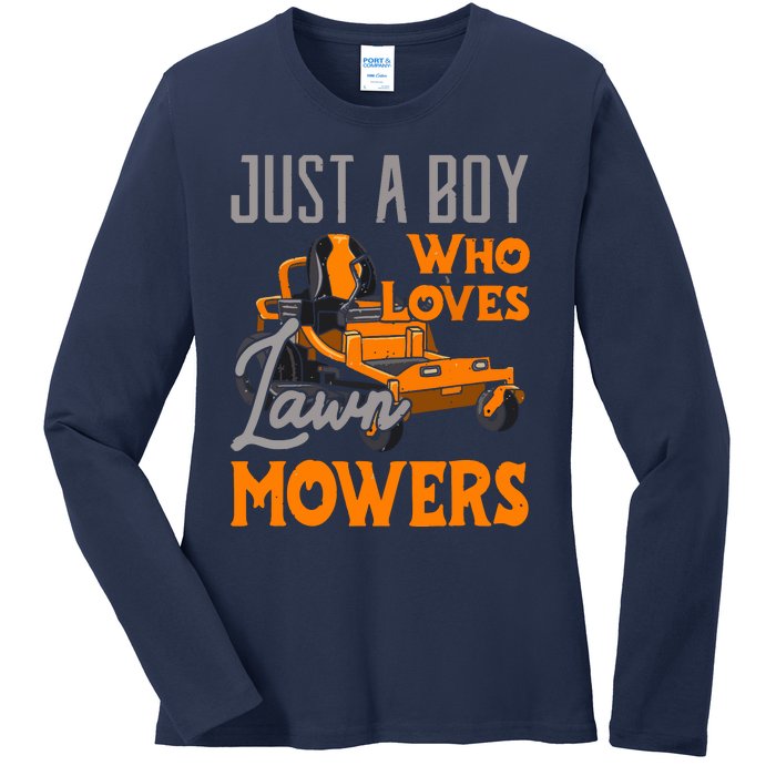 Lawn Mowing Just A Boy Who Loves Mowers Gardener Ladies Long Sleeve Shirt