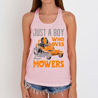 Lawn Mowing Just A Boy Who Loves Mowers Gardener Women's Knotted Racerback Tank