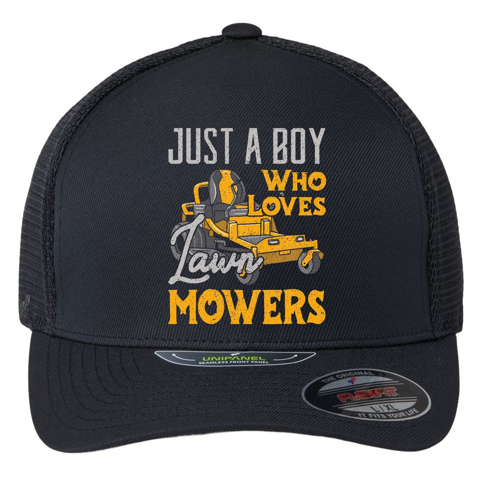 Lawn Mowing Just A Boy Who Loves Mowers Gardener Flexfit Unipanel Trucker Cap