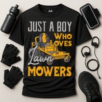 Lawn Mowing Just A Boy Who Loves Mowers Gardener Cooling Performance Crew T-Shirt