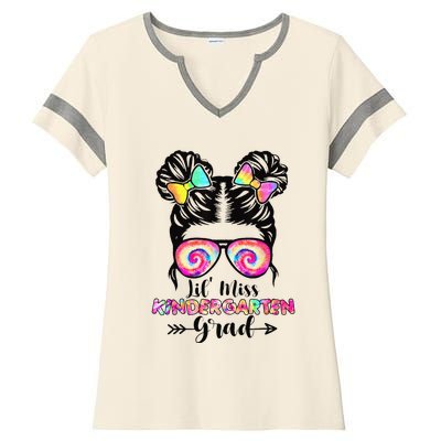 Lil' Miss Kindergarten Grad Graduation Messy Bun Ladies Halftime Notch Neck Tee