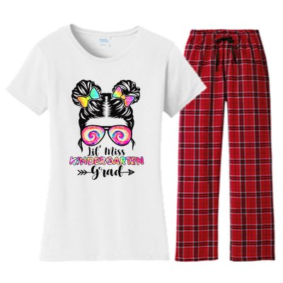 Lil' Miss Kindergarten Grad Graduation Messy Bun Women's Flannel Pajama Set