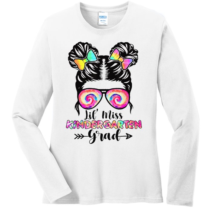 Lil' Miss Kindergarten Grad Graduation Messy Bun Ladies Long Sleeve Shirt