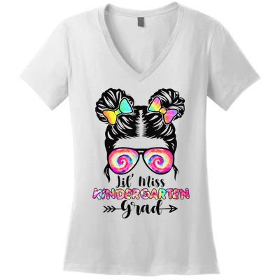 Lil' Miss Kindergarten Grad Graduation Messy Bun Women's V-Neck T-Shirt