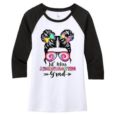 Lil' Miss Kindergarten Grad Graduation Messy Bun Women's Tri-Blend 3/4-Sleeve Raglan Shirt