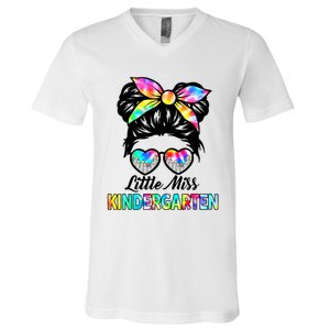 Little Miss Kindergarten Girls Messy Bun Back To School V-Neck T-Shirt