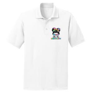 Little Miss Kindergarten Girls Messy Bun Back To School PosiCharge RacerMesh Polo