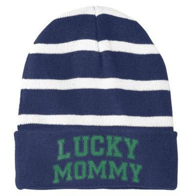 Lucky Mommy Life St Patricks Day Shamrock Family Womens Funny Striped Beanie with Solid Band