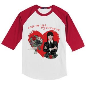 Love Me Like My Demons Do Funny Wednesday Valentine's Day Kids Colorblock Raglan Jersey