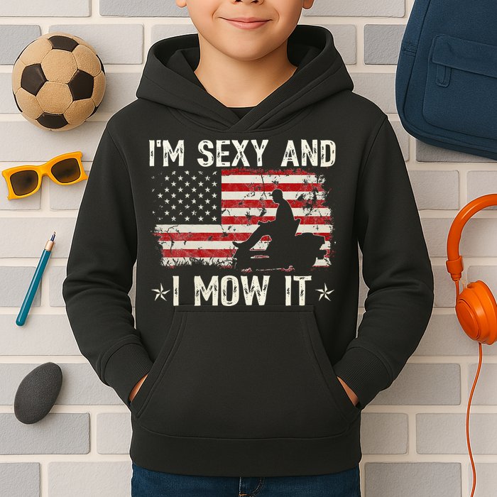 Lawn Mowing Landscaping I'm Sexy And I Mow It Flag Kids Hoodie