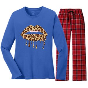 Leo Mouth Lip Bite Cool Leopard Print Me Cheetah Leo Gift Women's Long Sleeve Flannel Pajama Set 