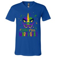 Little Miss Mardi Gras Gift Unicorn Face Gift V-Neck T-Shirt