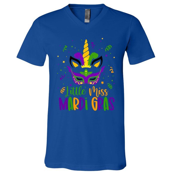 Little Miss Mardi Gras Gift Unicorn Face Gift V-Neck T-Shirt