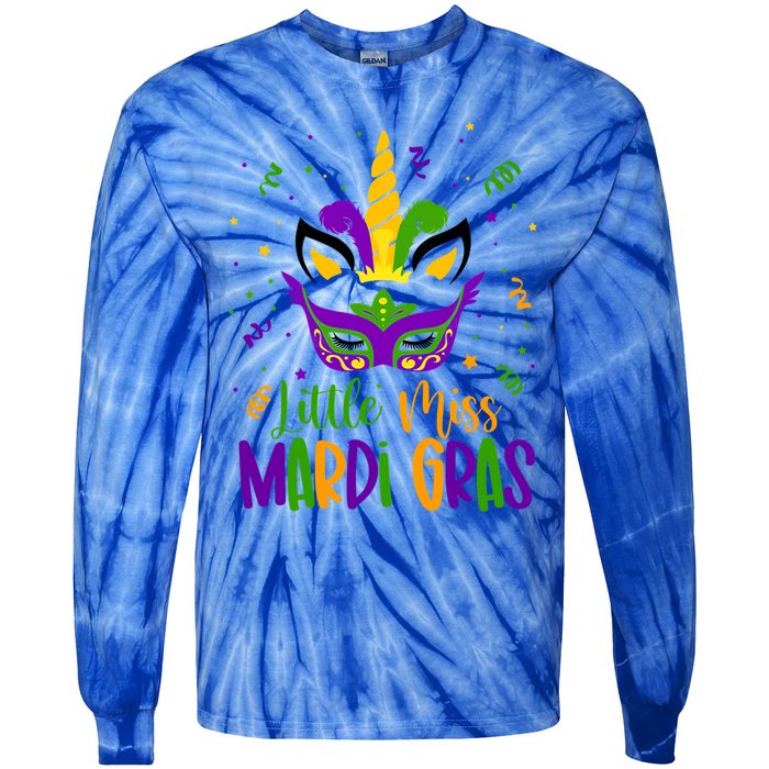 Little Miss Mardi Gras Gift Unicorn Face Gift Tie-Dye Long Sleeve Shirt