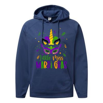 Little Miss Mardi Gras Gift Unicorn Face Gift Performance Fleece Hoodie