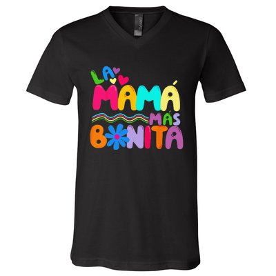 La MaMa Mas Bonita Retro Groovy Funny Spanish Mothers Day V-Neck T-Shirt