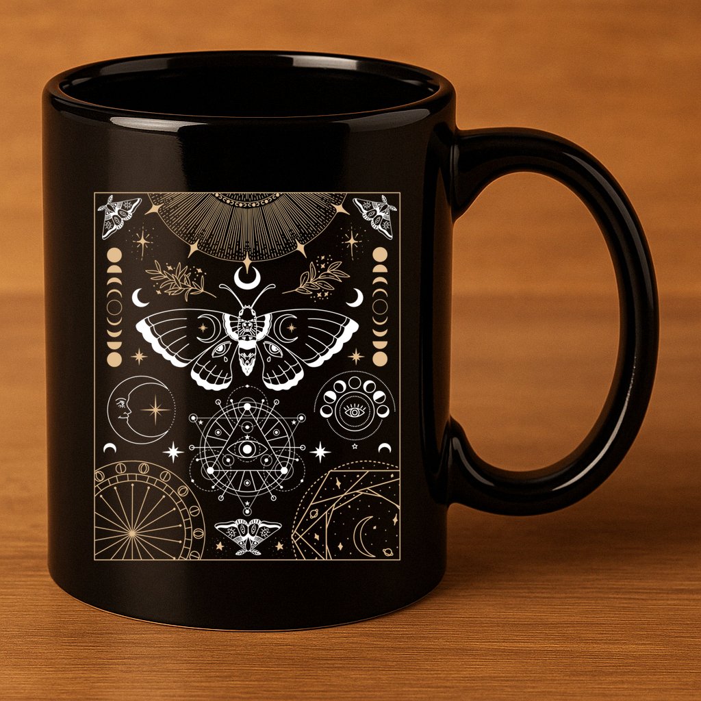 Luna Moth Moon Phases Witchy Dark Academia Aesthetic Gift 11oz C Handle Ceramic Mug