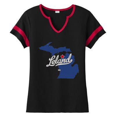 Leland Michigan MI Map Ladies Halftime Notch Neck Tee