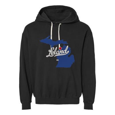 Leland Michigan MI Map Garment-Dyed Fleece Hoodie