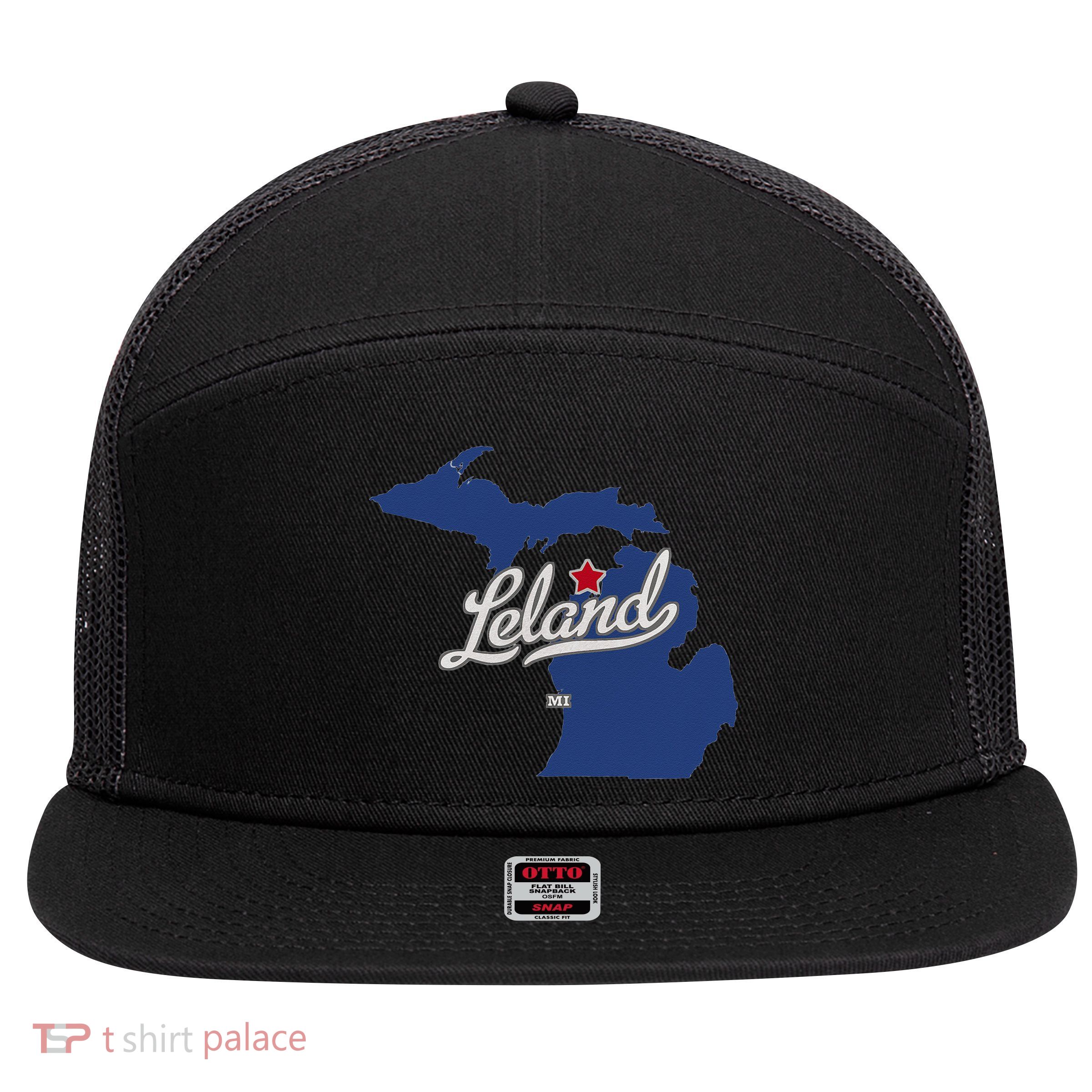 Leland Michigan MI Map 7 Panel Mesh Trucker Snapback Hat