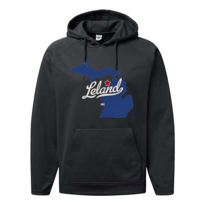 Leland Michigan MI Map Performance Fleece Hoodie