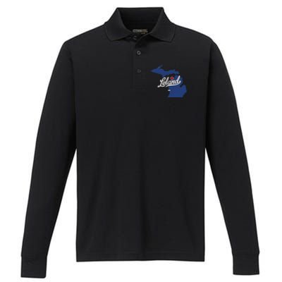 Leland Michigan MI Map Performance Long Sleeve Polo