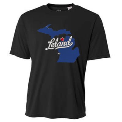 Leland Michigan MI Map Cooling Performance Crew T-Shirt