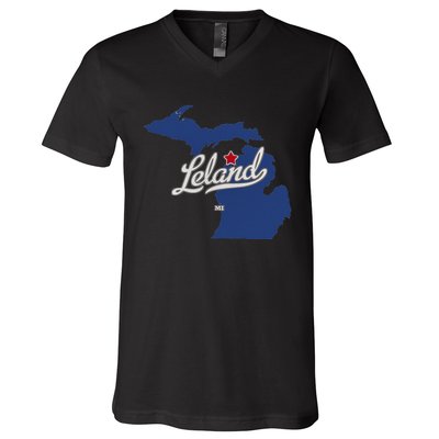 Leland Michigan MI Map V-Neck T-Shirt