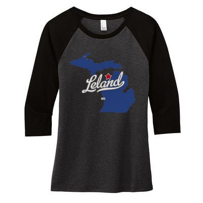 Leland Michigan MI Map Women's Tri-Blend 3/4-Sleeve Raglan Shirt