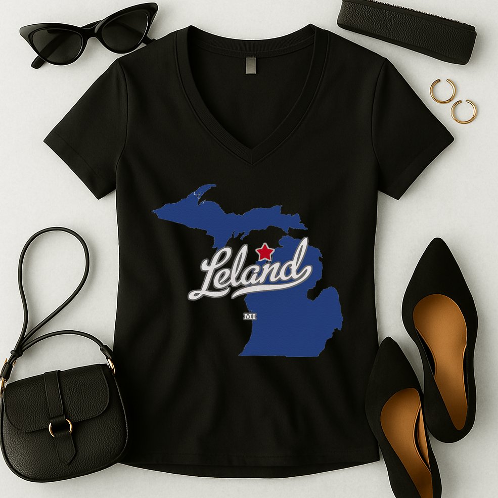 Leland Michigan MI Map Women's V-Neck T-Shirt