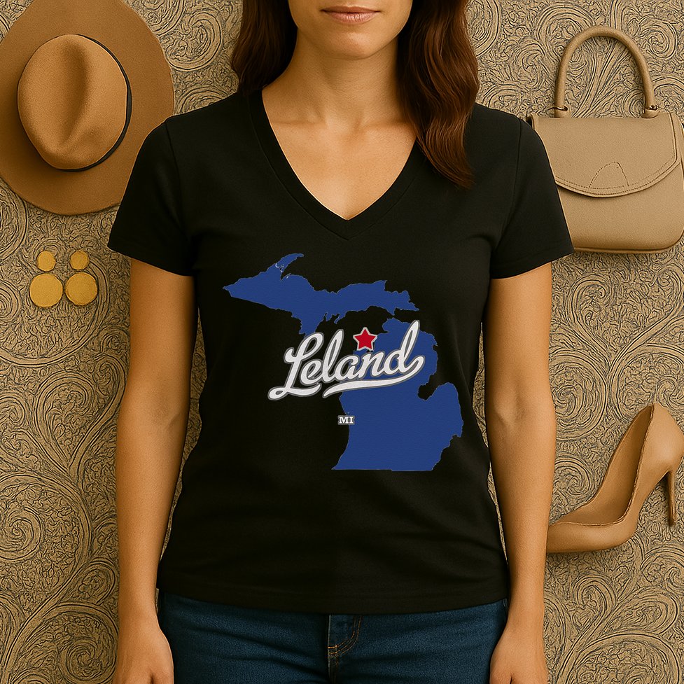 Leland Michigan MI Map Women's V-Neck T-Shirt