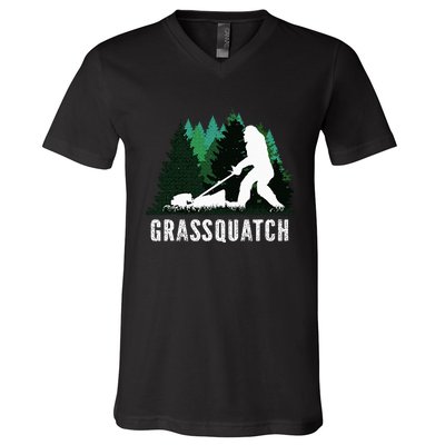 Lawn Mower Mowing Dad Landscaper Bigfoot Yeti Sasquatch V-Neck T-Shirt