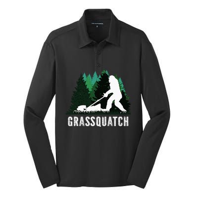 Lawn Mower Mowing Dad Landscaper Bigfoot Yeti Sasquatch Silk Touch Performance Long Sleeve Polo