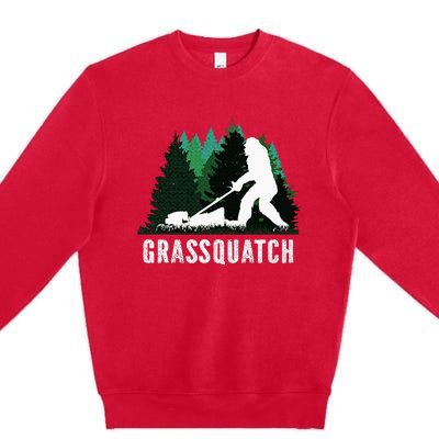 Lawn Mower Mowing Dad Landscaper Bigfoot Yeti Sasquatch Premium Crewneck Sweatshirt